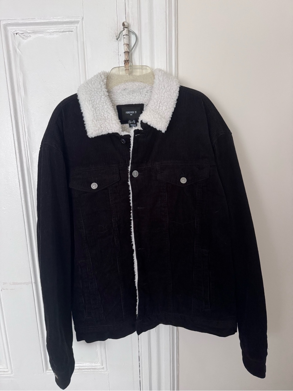Forever 21 Black Corduroy Jacket with White Sherpa Collar